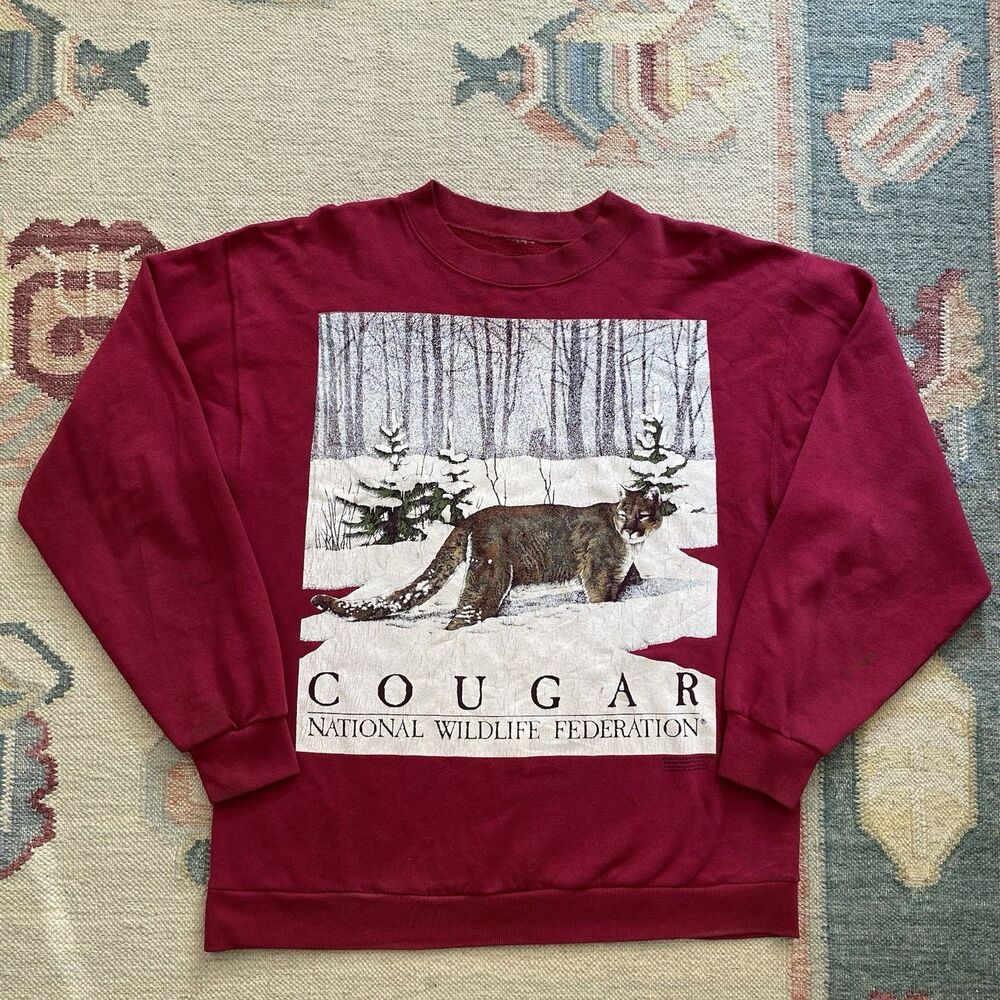 90s Cougar Sweatshirt Vintage Large Red Crewneck Wildlife Federation Big Cat